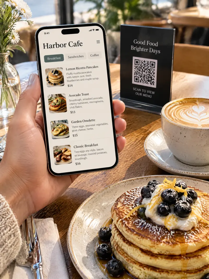 Een gast met een telefoon waarop het webmenu van Harbor Cafe staat, naast een QR-tafelkaartje en een bord pannenkoeken.