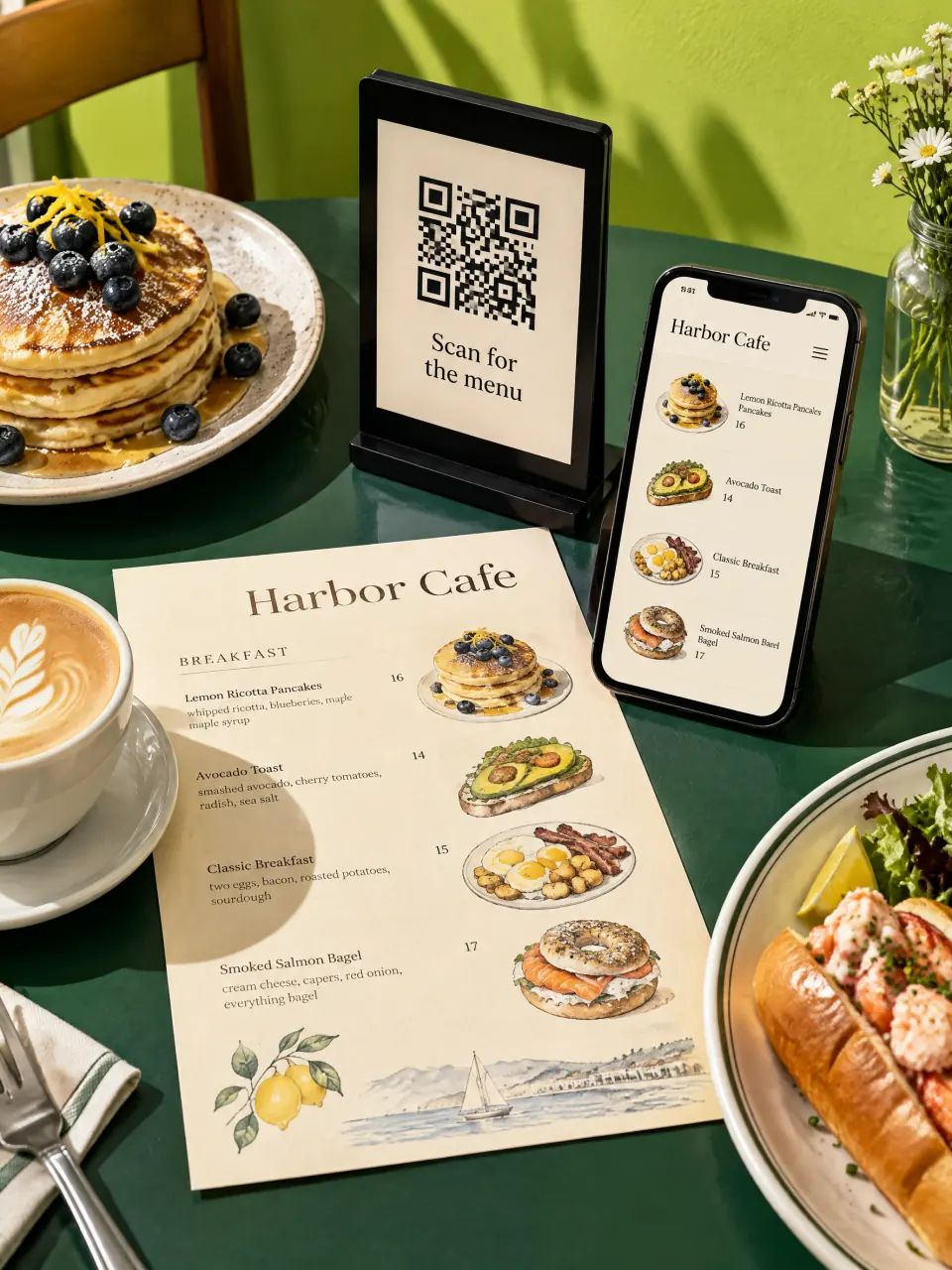 Een cafétafel met citroen-ricottapannenkoeken, een lobster roll en een flat white. In het midden een nieuwe menupagina van Harbor Cafe met getekende gerechten, een tafelkaartje met een QR-code waarop staat “Scan voor het menu”, en een telefoon met dezelfde menukaart.