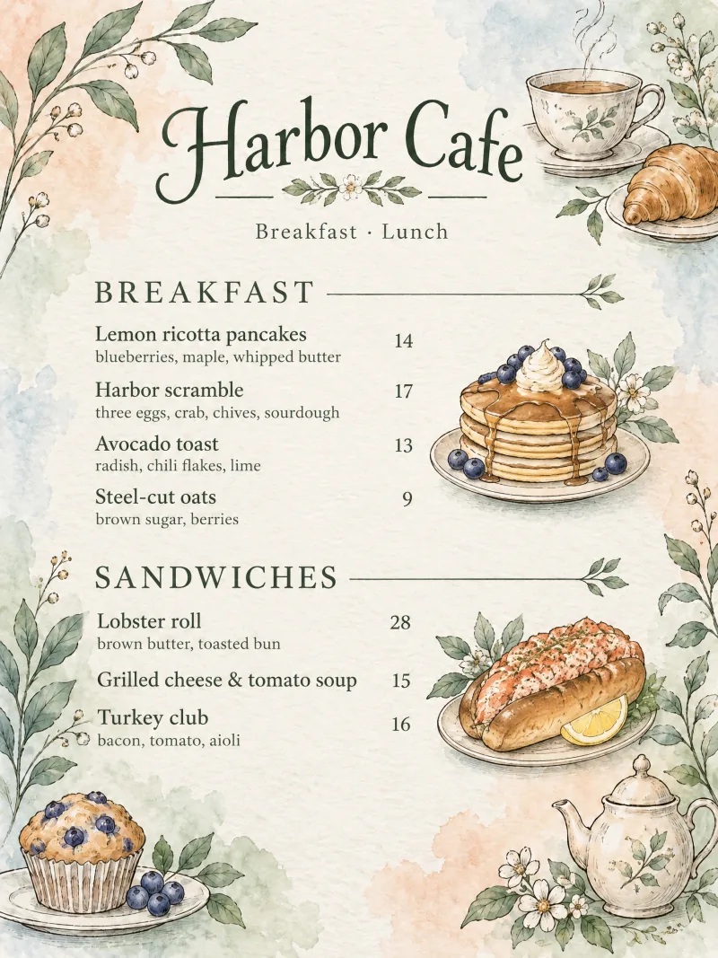 Een menupagina van Harbor Cafe getekend in aquarel, met pannenkoeken en een lobster roll naast hun rubrieken.