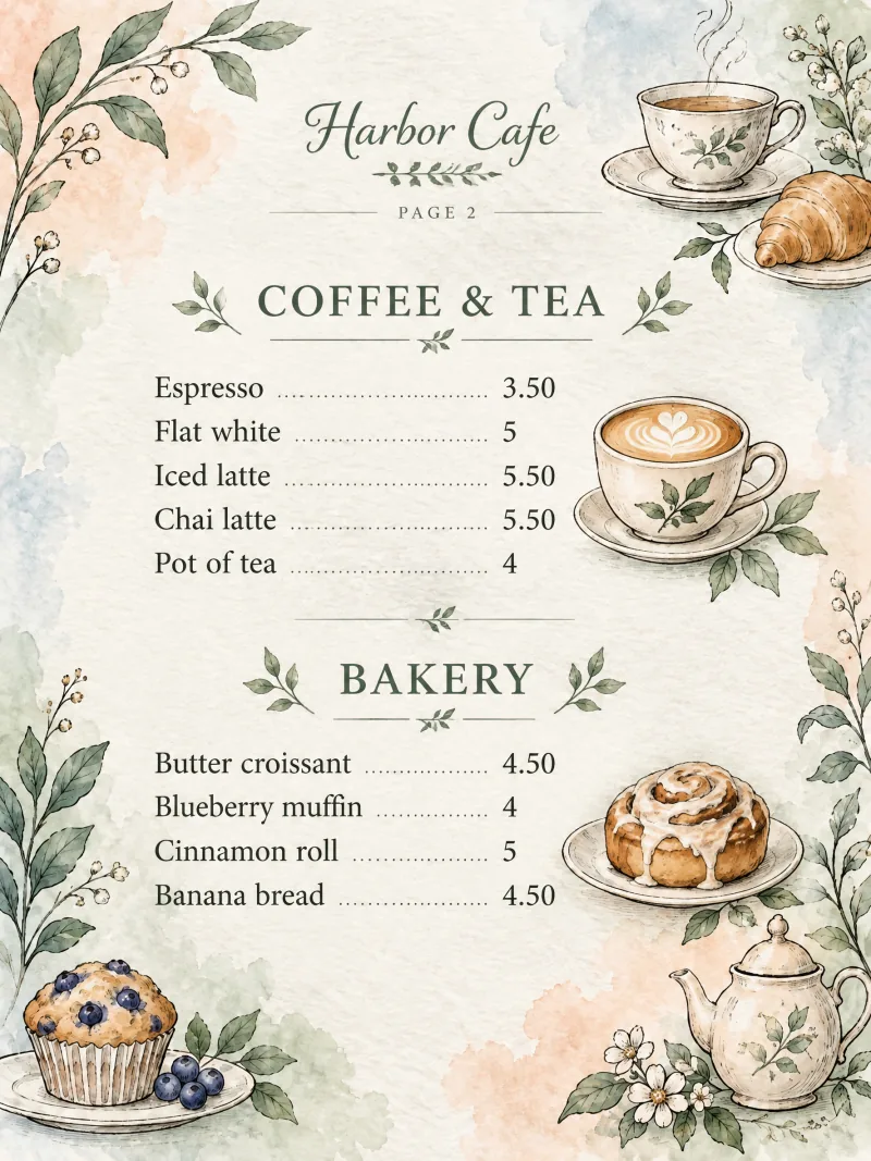 Pagina 2 in dezelfde uitstraling: koffie en thee, en bakkerijproducten met prijzen.