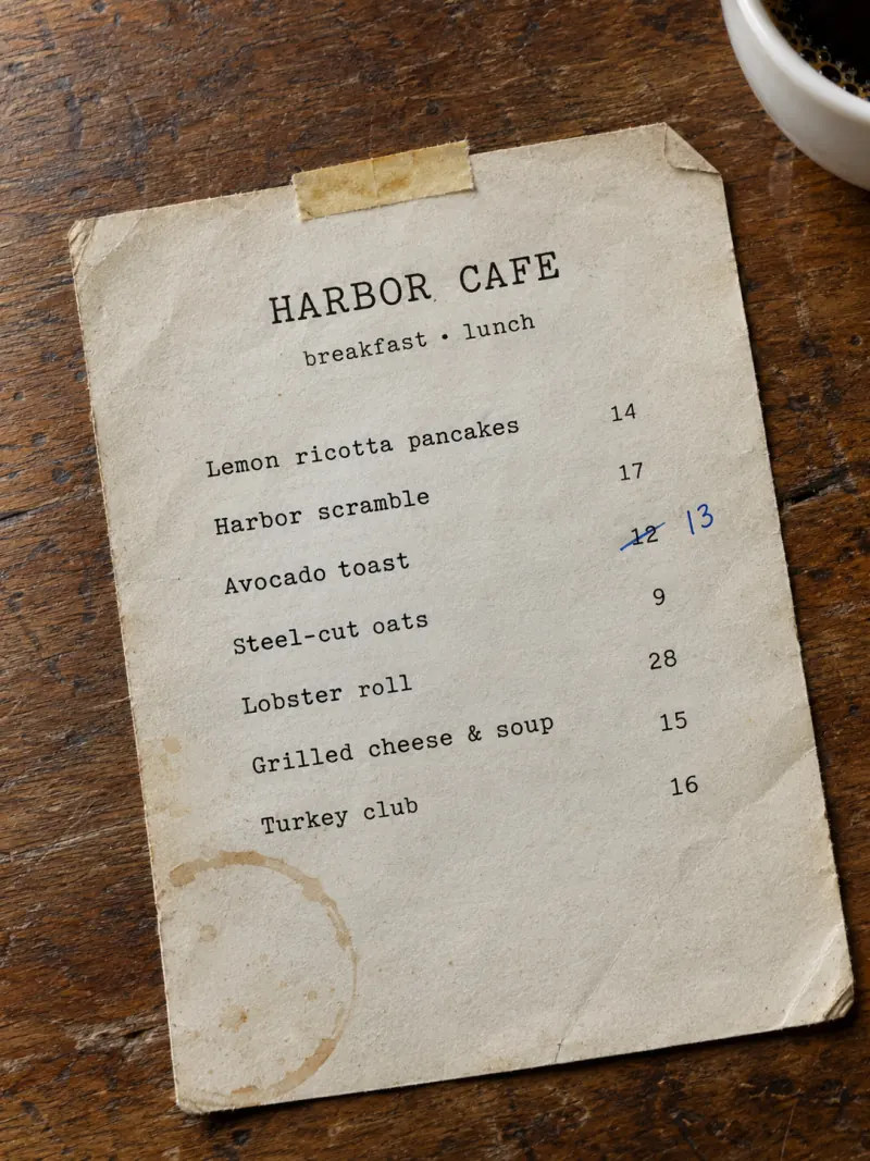 Een versleten papieren menukaart van Harbor Cafe met een koffiekring, plakband op de hoek en de prijs van de avocado toast doorgestreept met pen.