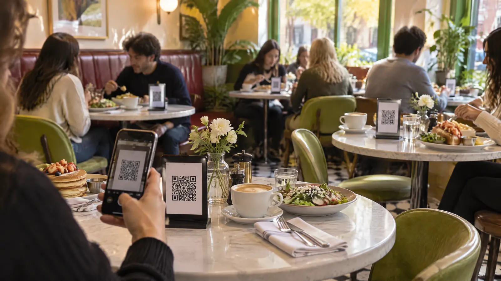 Een druk café tijdens de lunch met op elke tafel een QR-tafelkaartje, en een gast die zijn telefoon op het dichtstbijzijnde kaartje richt.